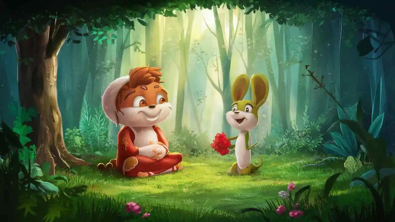 Happiness and blessings in the forest with cat and bunny.