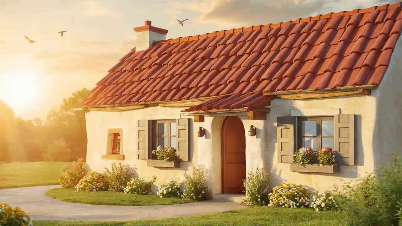 A picturesque scene of a charming rustic home, bathed in the soft golden light of a warm afternoon sunrise.