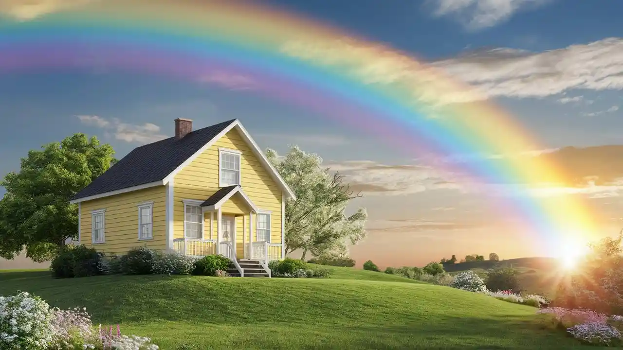 A picturesque scene of a cozy, yellow house sitting on a lush green hill, surrounded by blooming flowers and trees. The sky above is painted with a vibrant.