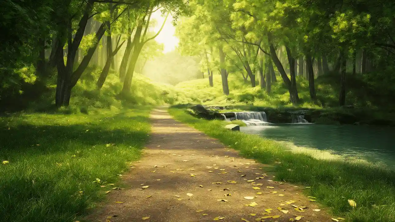 A serene and beautiful forest scene with a pathway leading deep into the woods. The sunlight filters through the canopy.