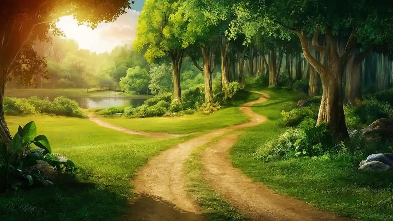 A serene and picturesque scene of a lush forest, with a winding dirt path leading into the distance, lined with tall trees and verdant foliage.