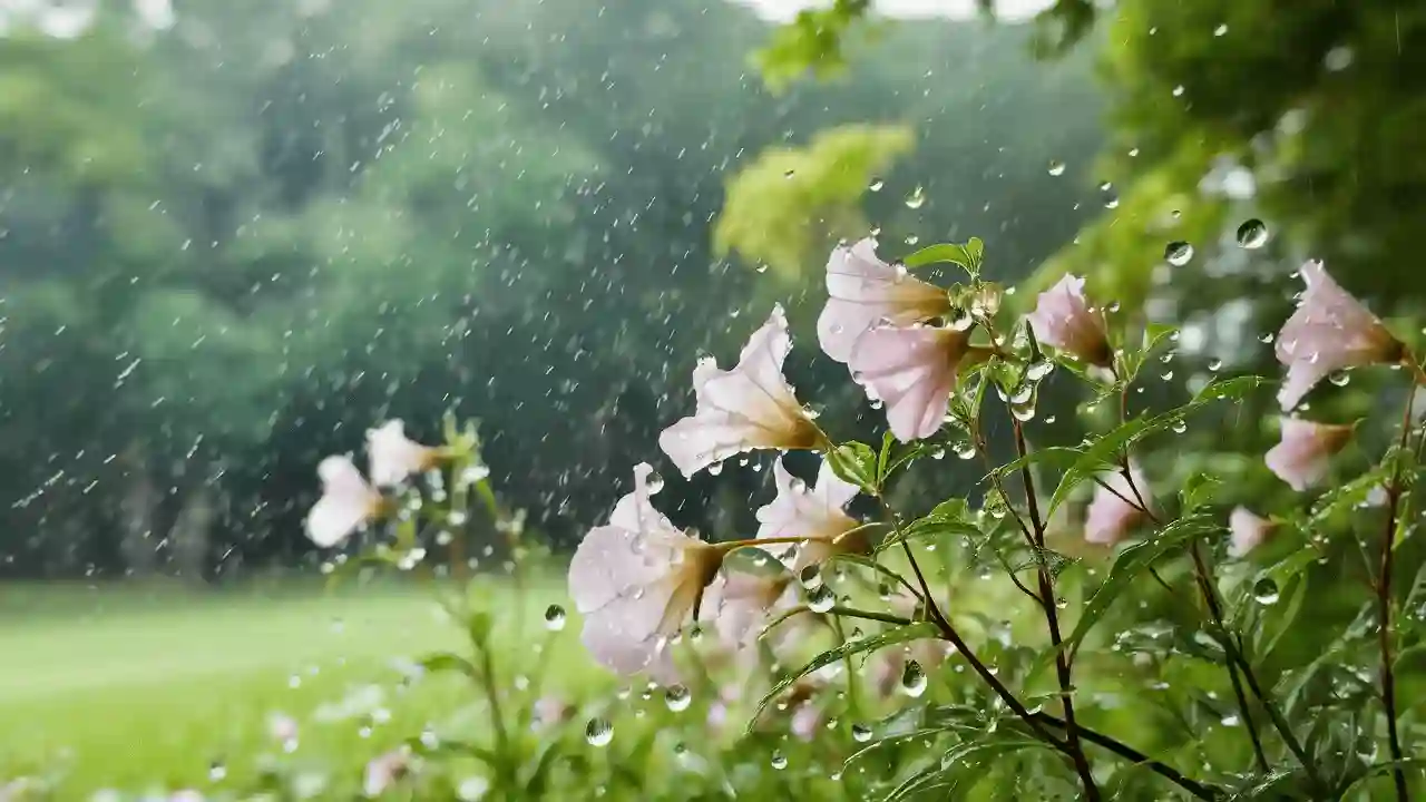 A serene scene of nature during a light rain shower. In the foreground, delicate flowers are bathed in raindrops, their petals reflecting the soft.