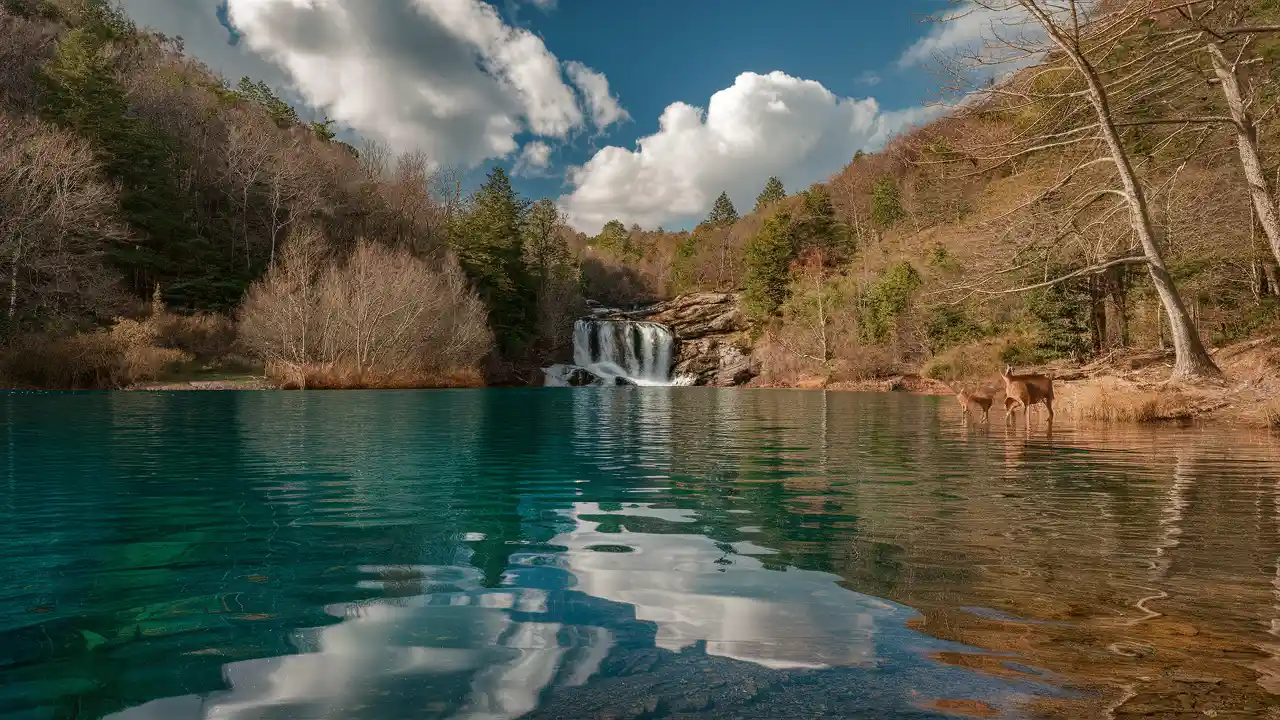 A stunning and serene nature scene, capturing the essence of pristine beauty. The image showcases a crystal-clear lake with calm waters.