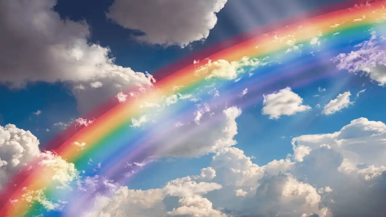 A stunning, high-resolution photograph of a multicolored rainbow stretching across the sky, with vibrant hues of red, orange, yellow, green, blue.