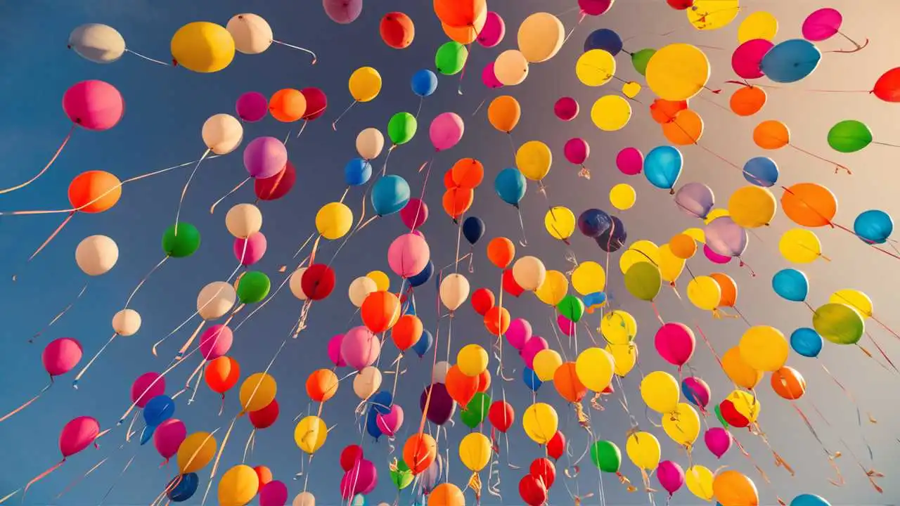 A vibrant and uplifting image of a myriad of colorful, cheerful balloons floating gracefully upward, each one a burst of color against the clear blue sky.