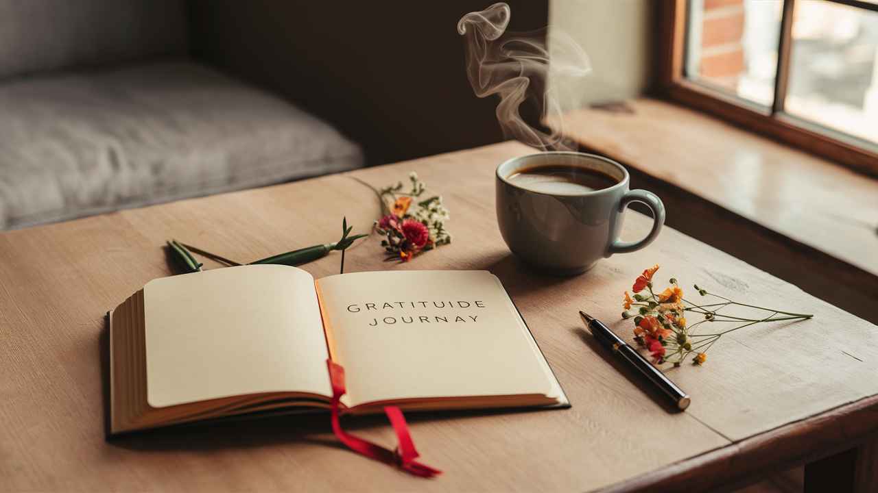 A warm and inviting scene of a cozy room with a simple yet elegant setup. An open gratitude journal lies on a wooden table, with a steaming cup of coffee beside it.