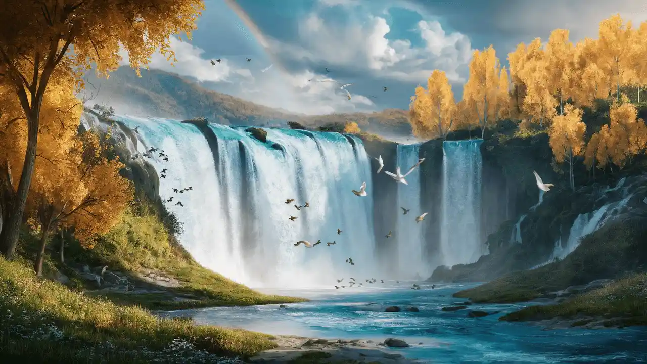 Positive Thursday Blessings. Waterfall with rainbow and a lot of birds and golden trees.